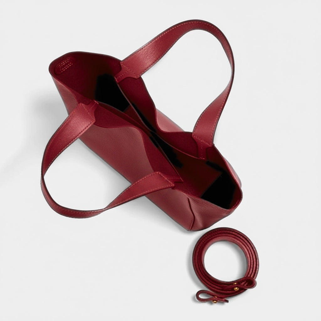 Red leather handbag with matching strap on a light gray background - Cherry Cola