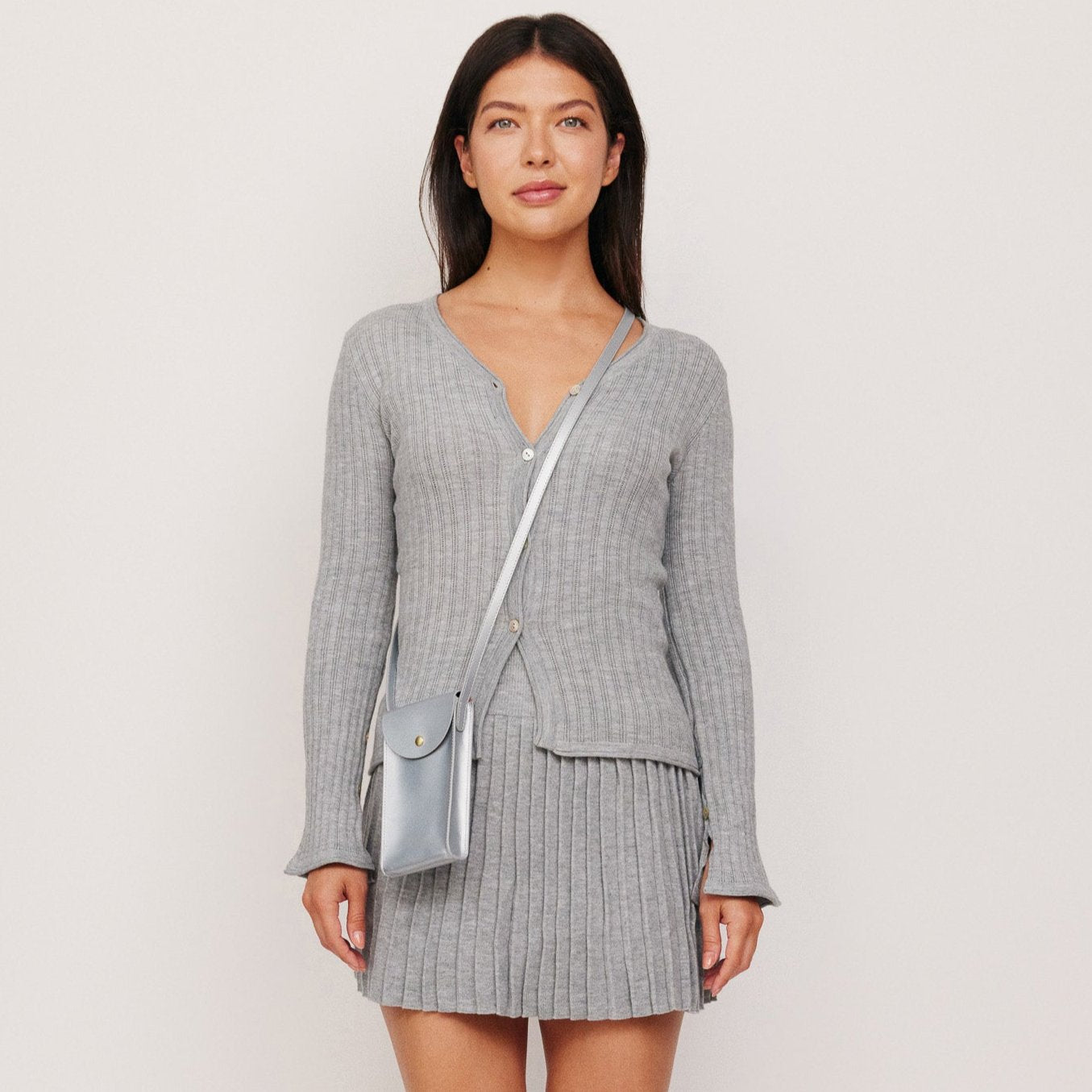 Mini Bandit crossbody bag in sterling silver full-grain leather, minimalist handbag for everyday wear