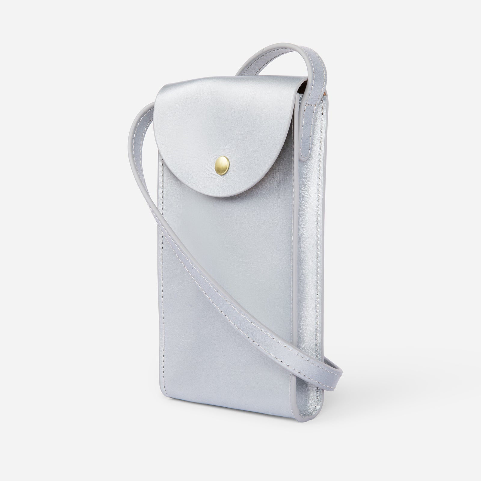 Mini Bandit crossbody bag in sterling silver full-grain leather, compact phone bag with slim profile