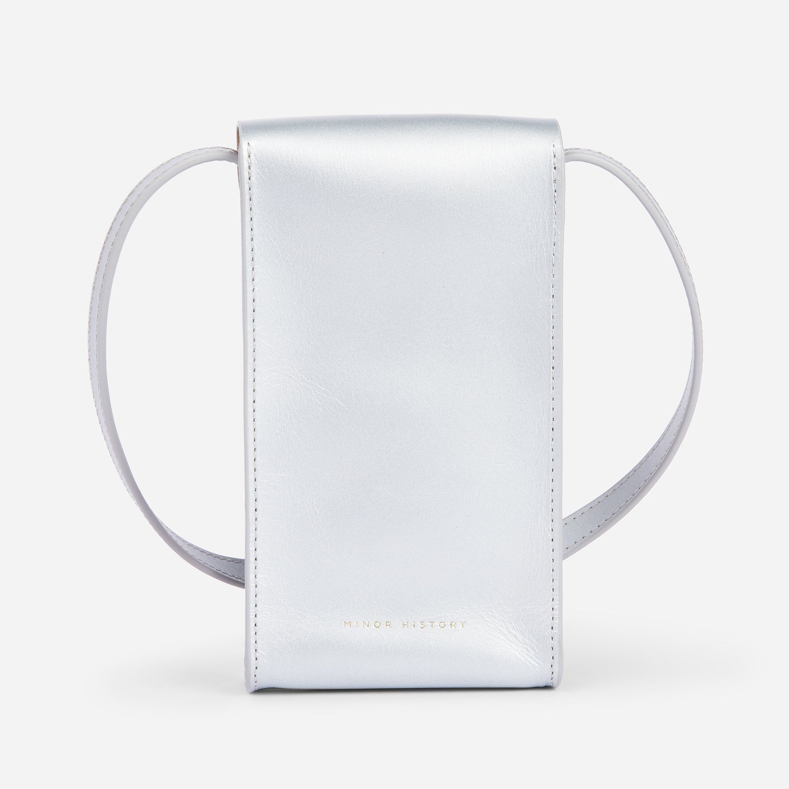 Mini Bandit crossbody bag in sterling silver full-grain leather, compact phone bag with slim profile