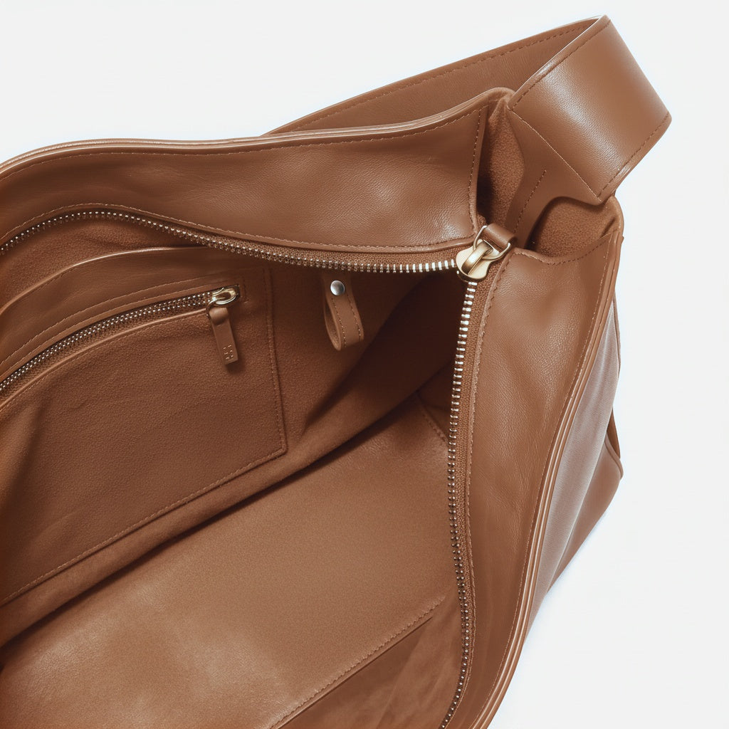 Close-up of a brown leather shoulder bag showing the interior, zippered compartments, and smooth texture against a light gray background. -Saddle