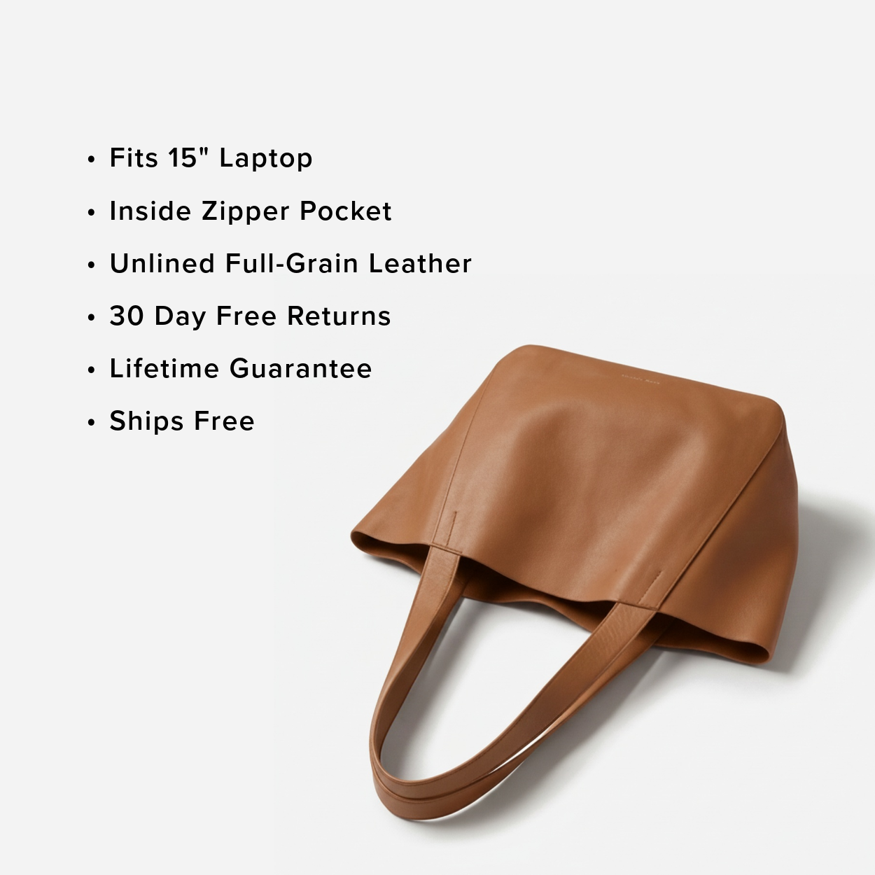 Brown leather tote bag with product features listed on a white background -Saddle