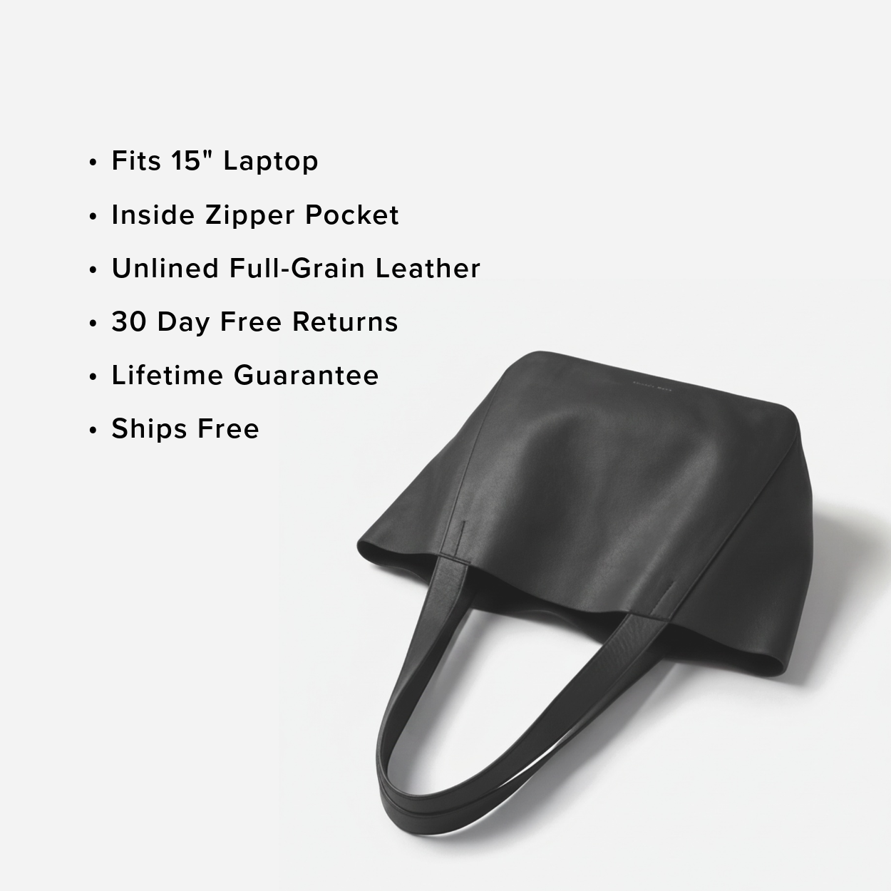 Black leather tote bag with features listed on a white background - Black