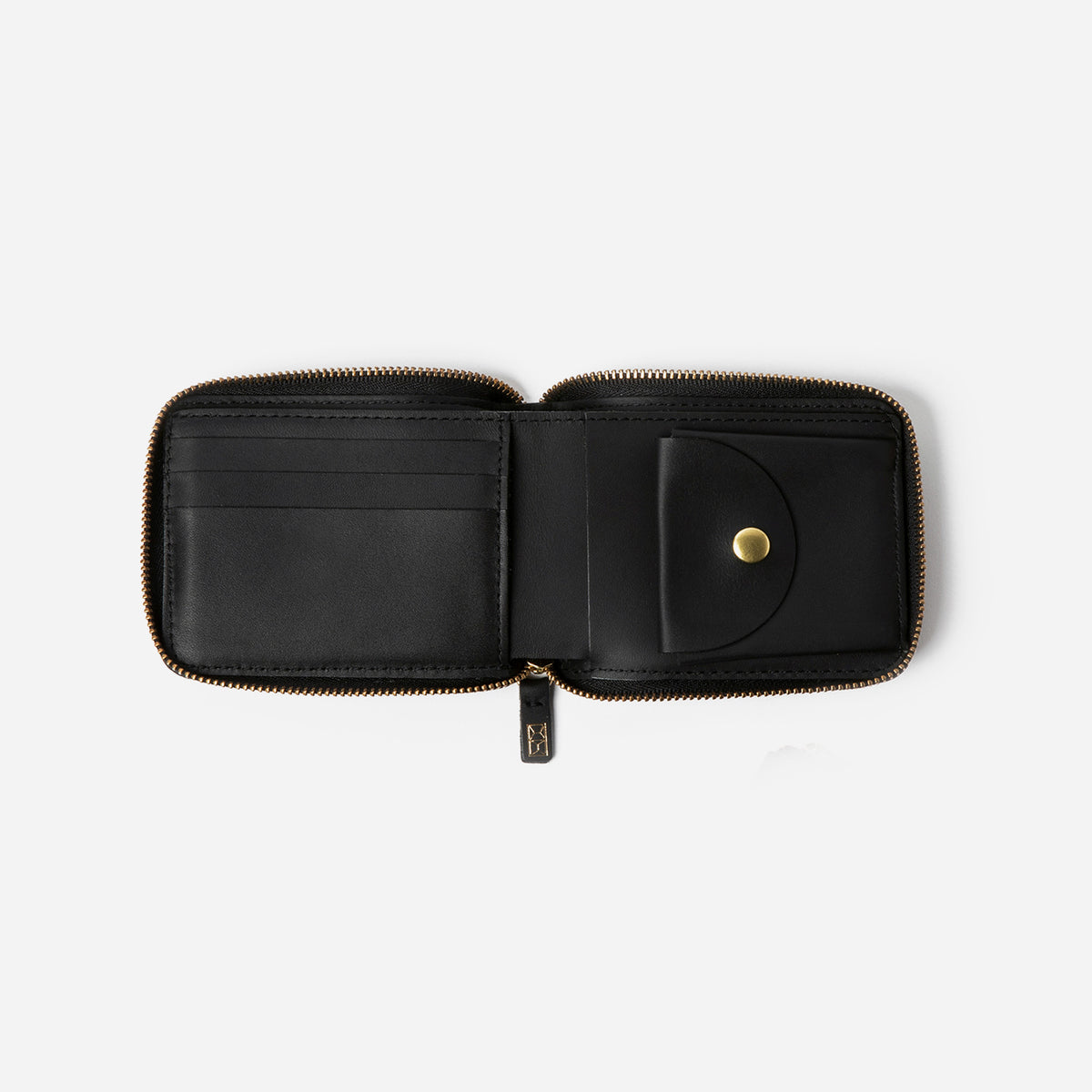 Black leather wallet with gold zipper on a white background -Black