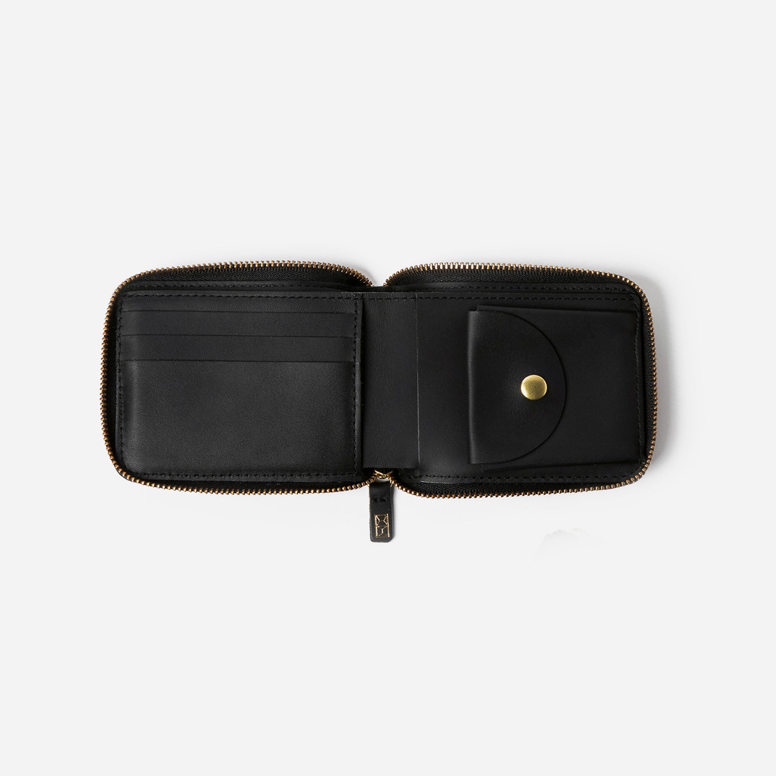 Black leather wallet with gold zipper on a white background -Black