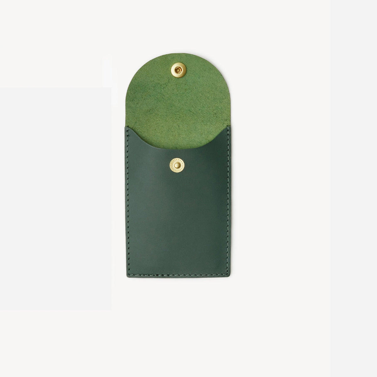 Green leather card holder with a green felt patch on a white background- Evergreen