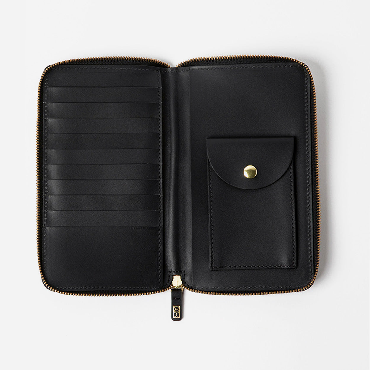 Black leather wallet with a gold zipper on a white background - Black