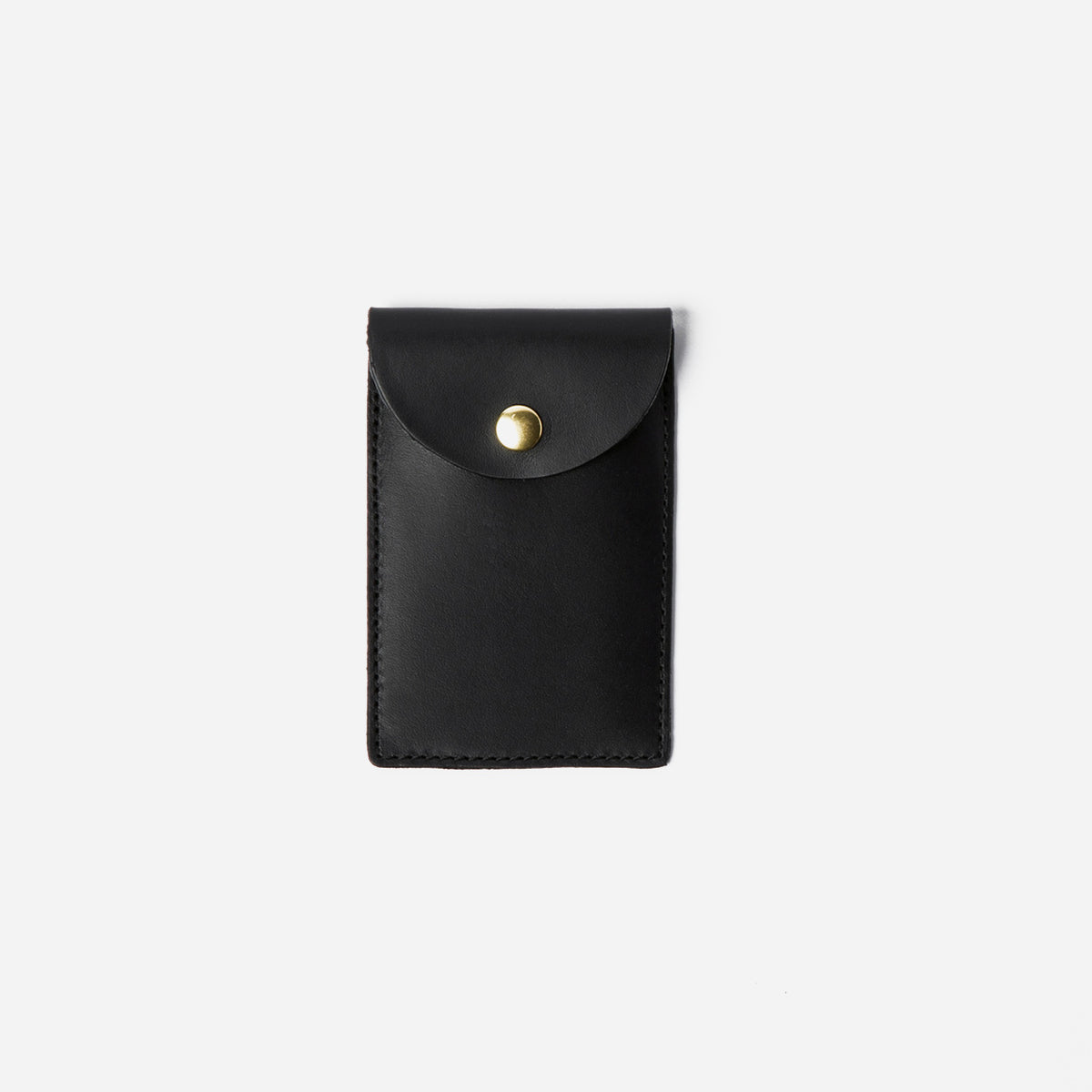 Black leather card holder with a gold button on a white background - Black