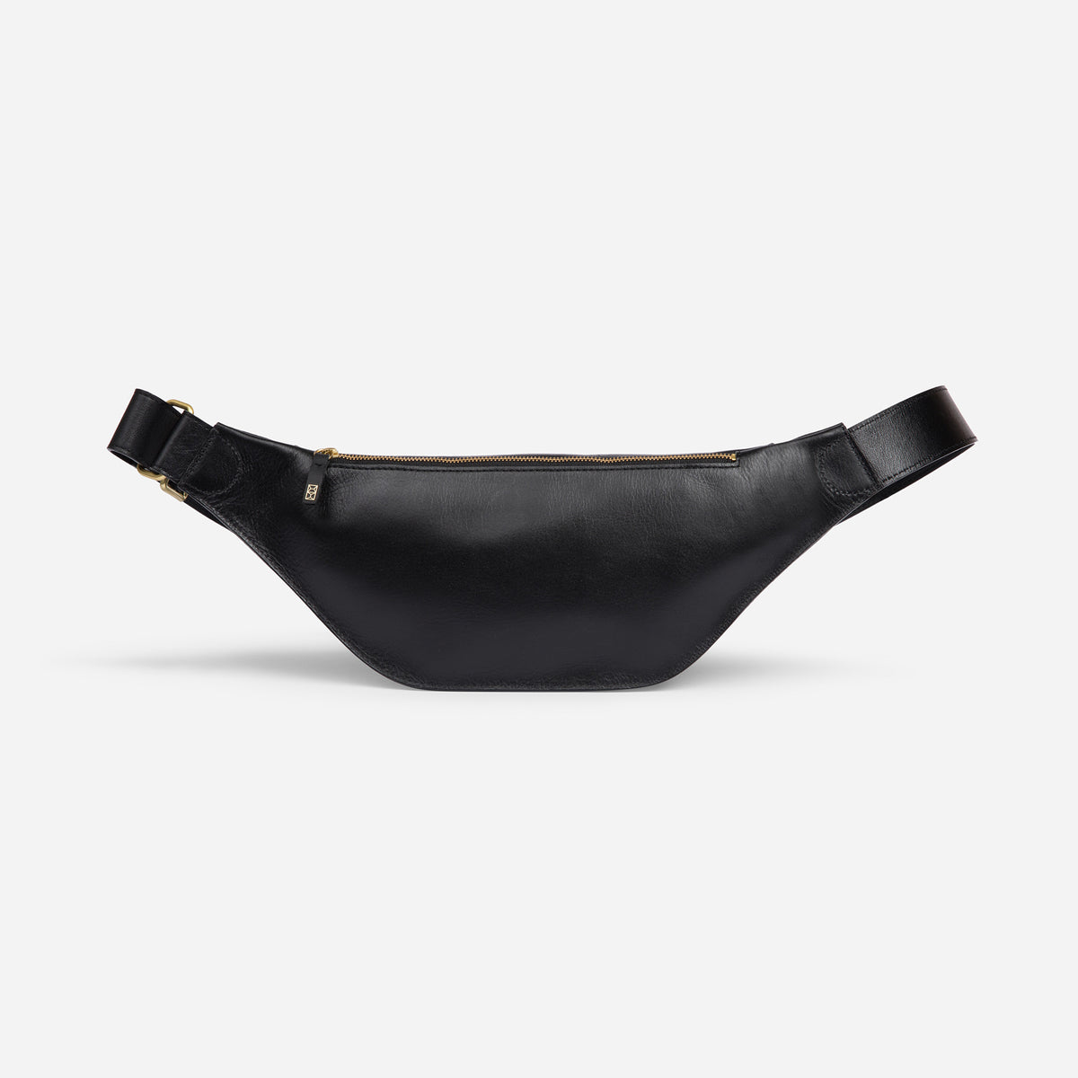 Crosstown fanny pack in black full-grain leather, versatile hands-free design for everyday wear