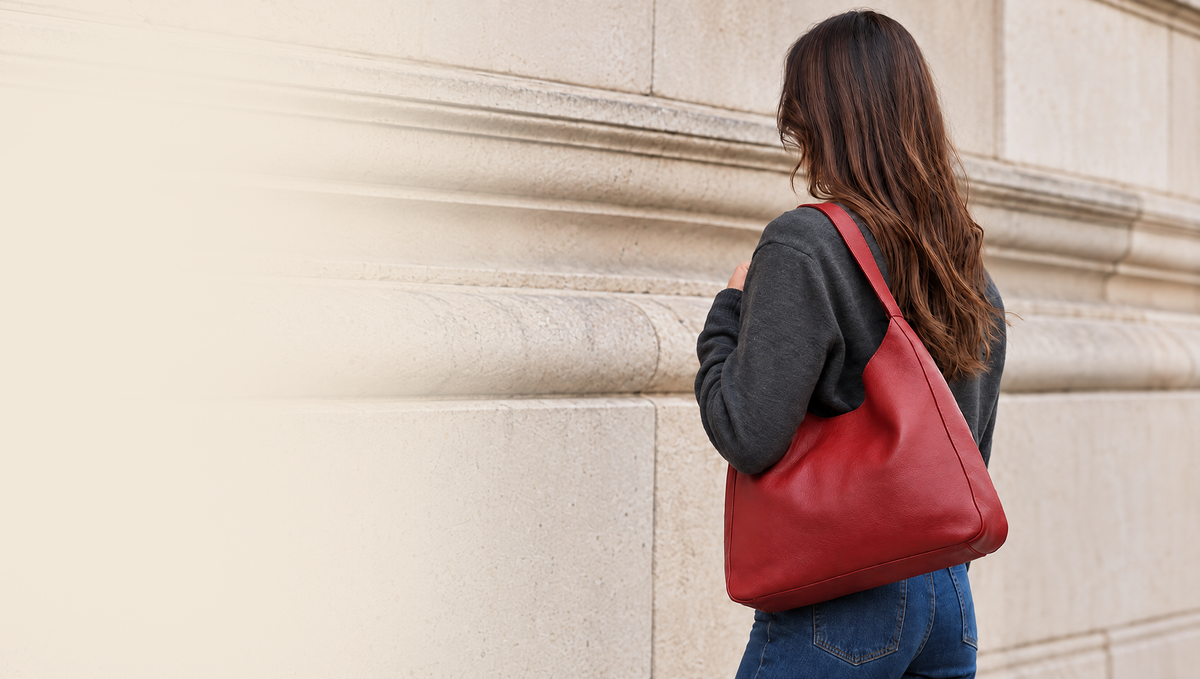 The Overtime Lite carried on the shoulder beside a city building — Cherry Cola