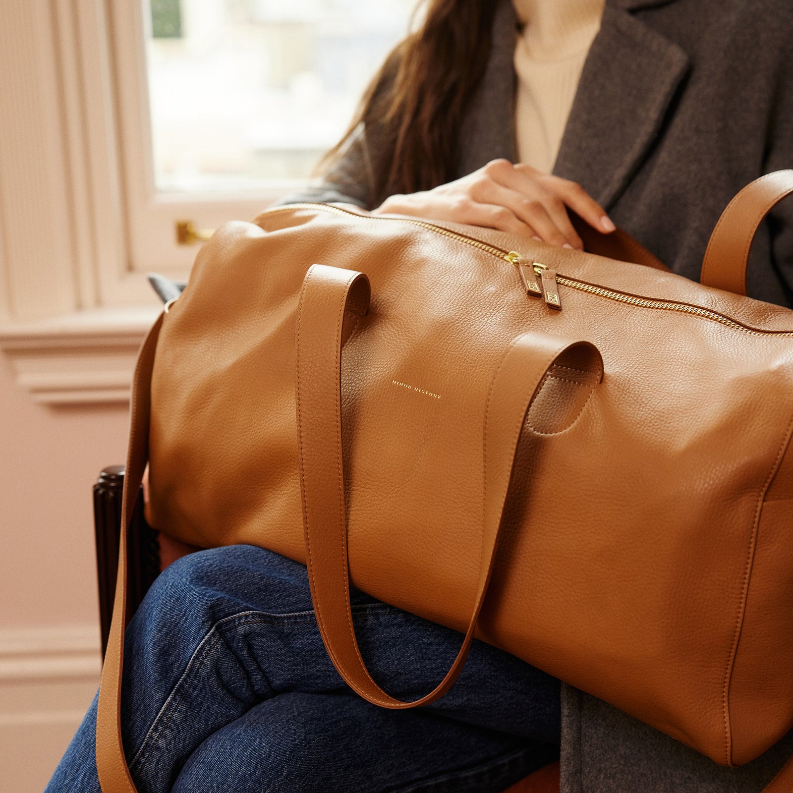 Getaway Duffle Bag in saddle leather, angled display