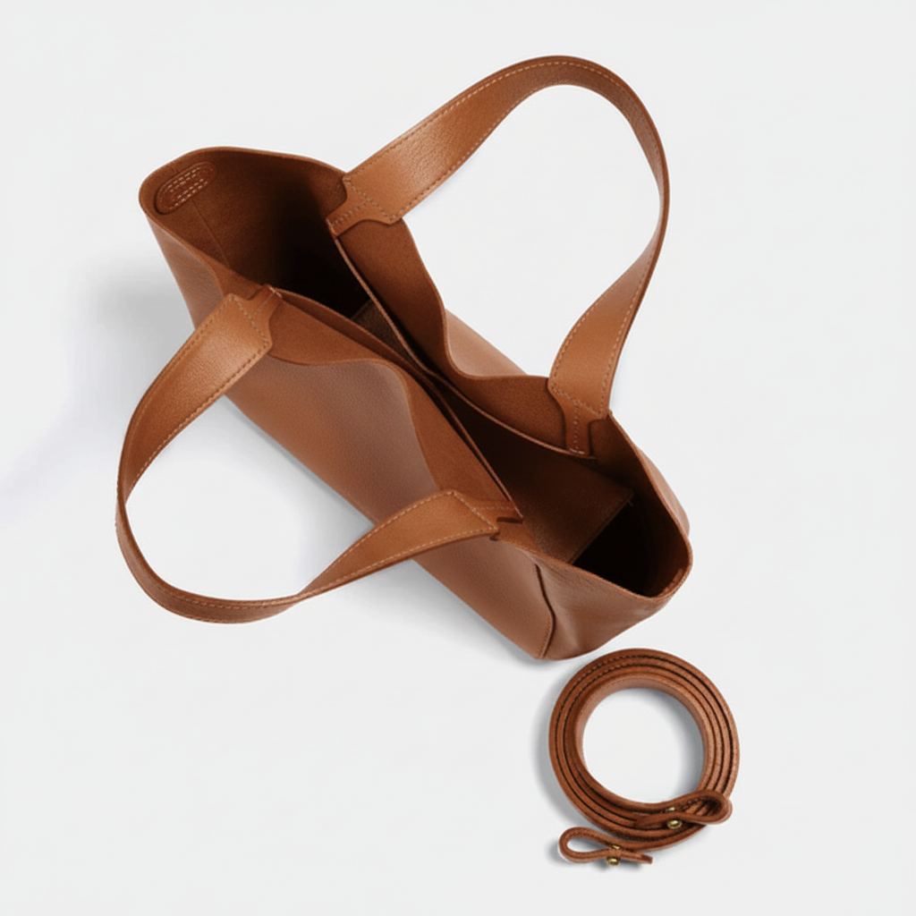 Brown leather bag with detachable strap on a white background - Saddle