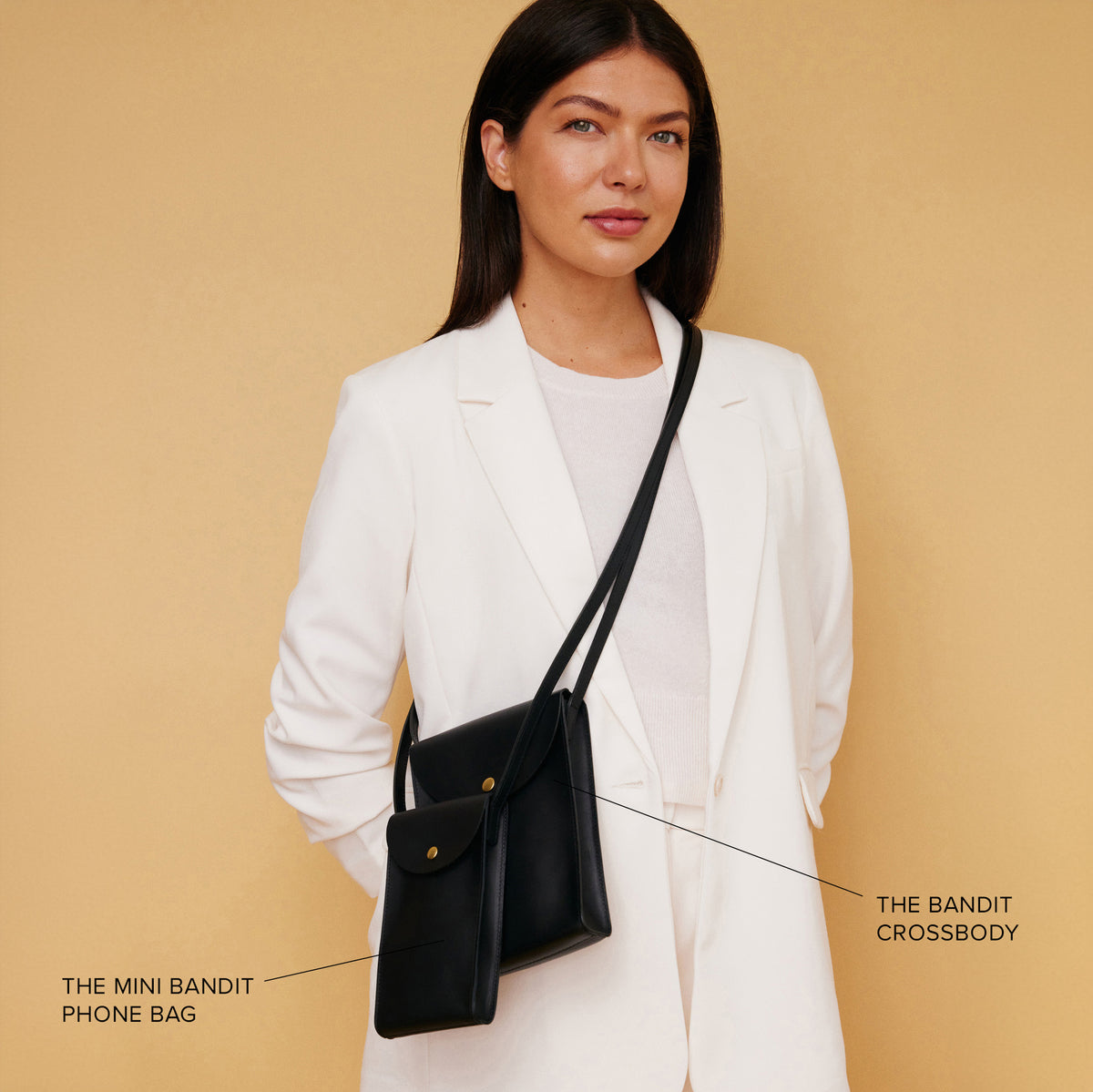 Mini Bandit crossbody bag in luxury full-grain leather, matching full sized bandit