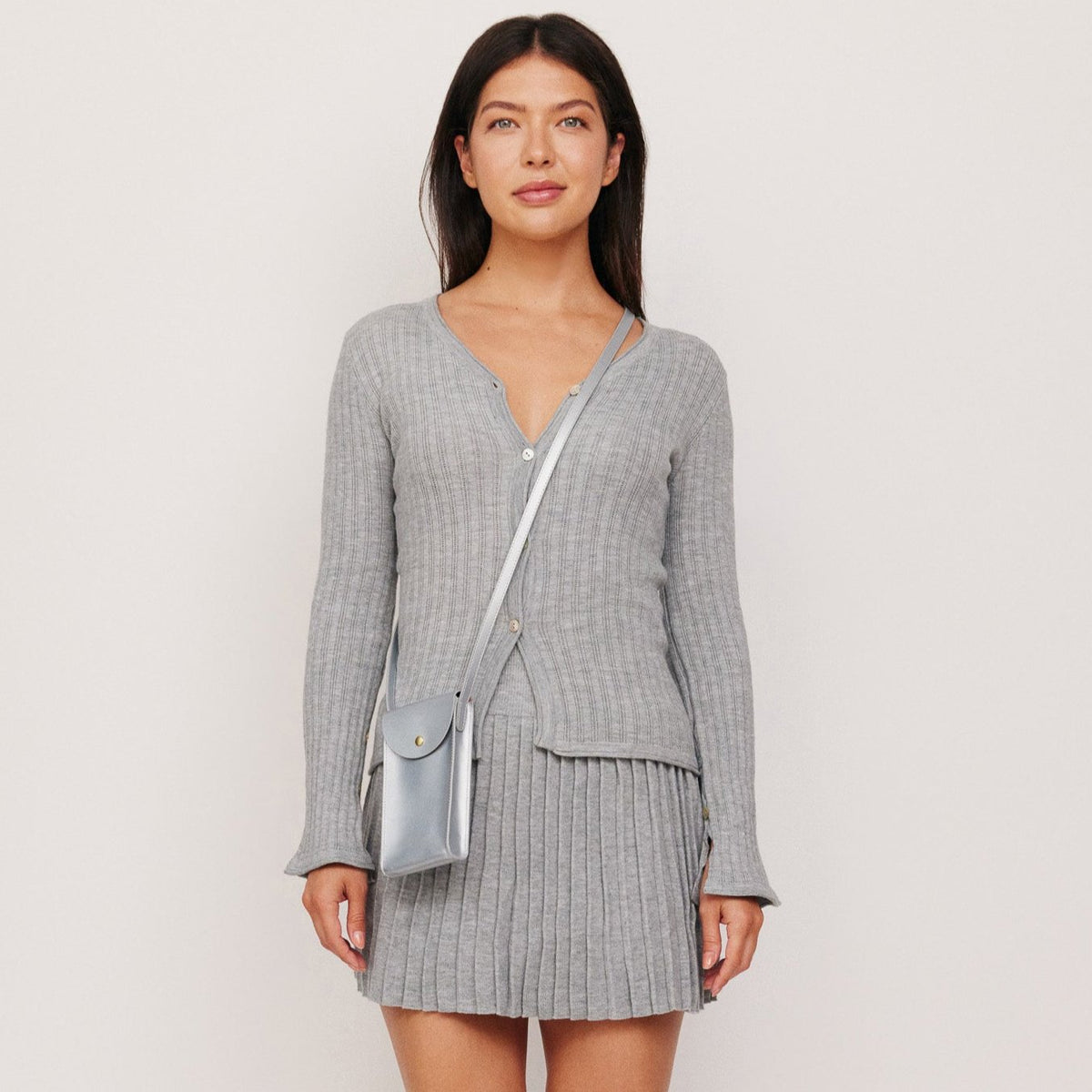 Mini Bandit crossbody bag in sterling silver full-grain leather, minimalist handbag for everyday wear