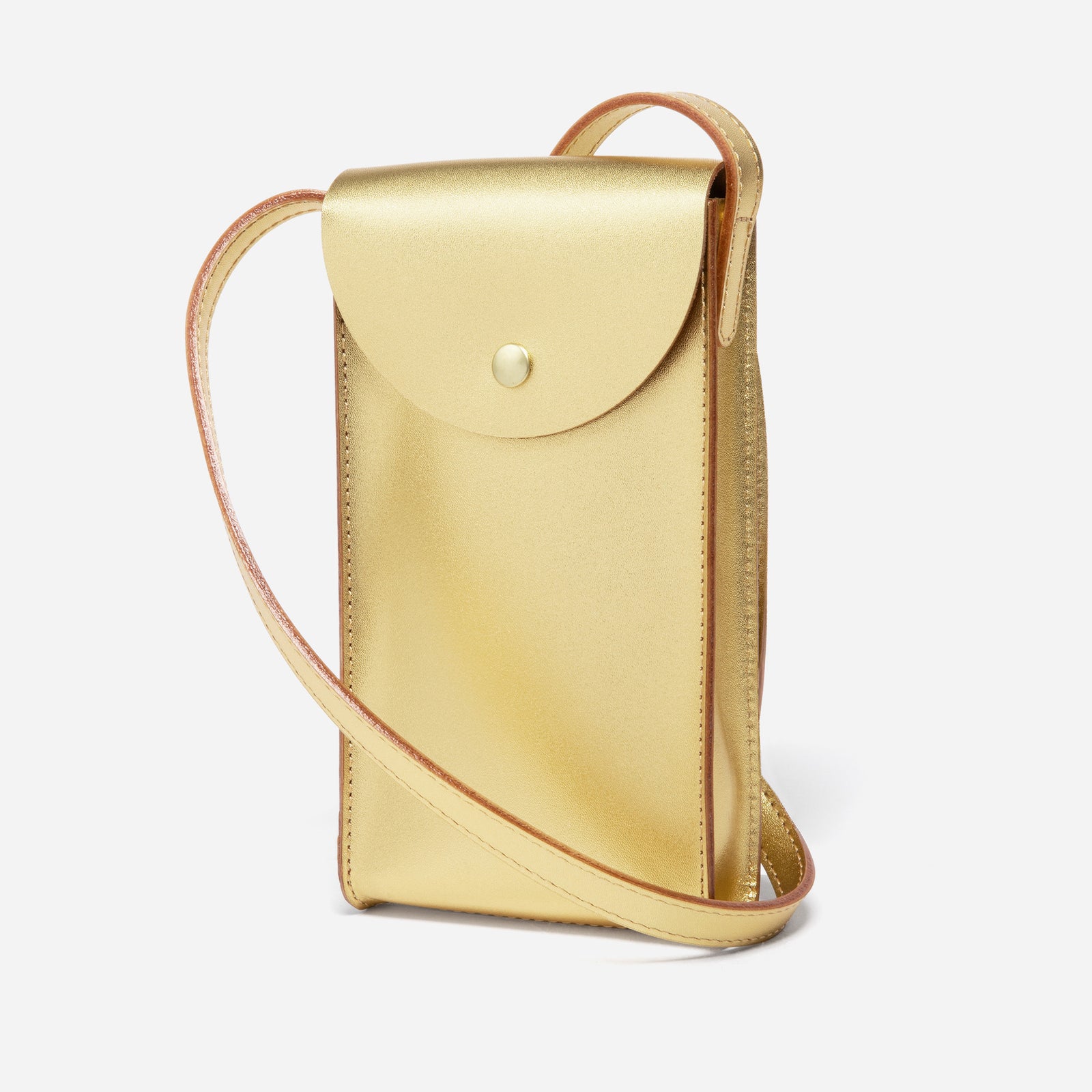Mini Bandit crossbody bag in golden yellow full-grain leather, angled side view showing strap and shape