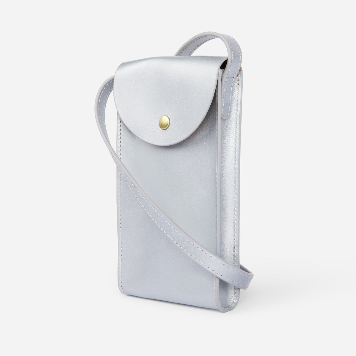 Mini Bandit crossbody bag in sterling silver full-grain leather, compact phone bag with slim profile