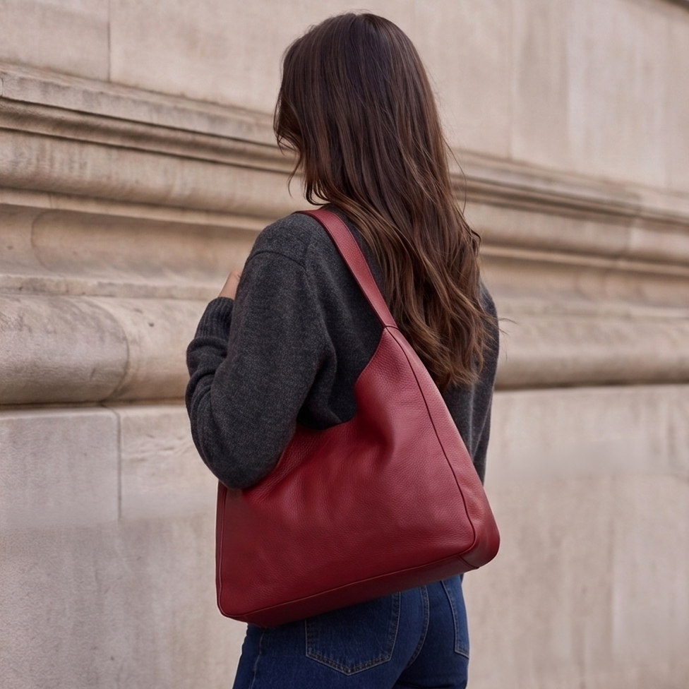 A woman viewed from behind wearing a dark gray sweater and blue jeans, carrying a large red leather hobo shoulder bag against a beige stone wall. - Cherry Cola