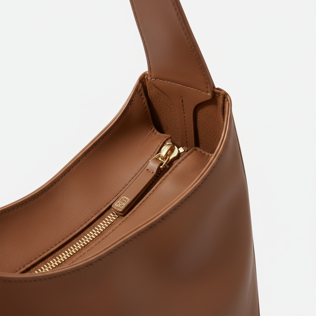 Brown handbag with a gold zipper on a light gray background - Saddle