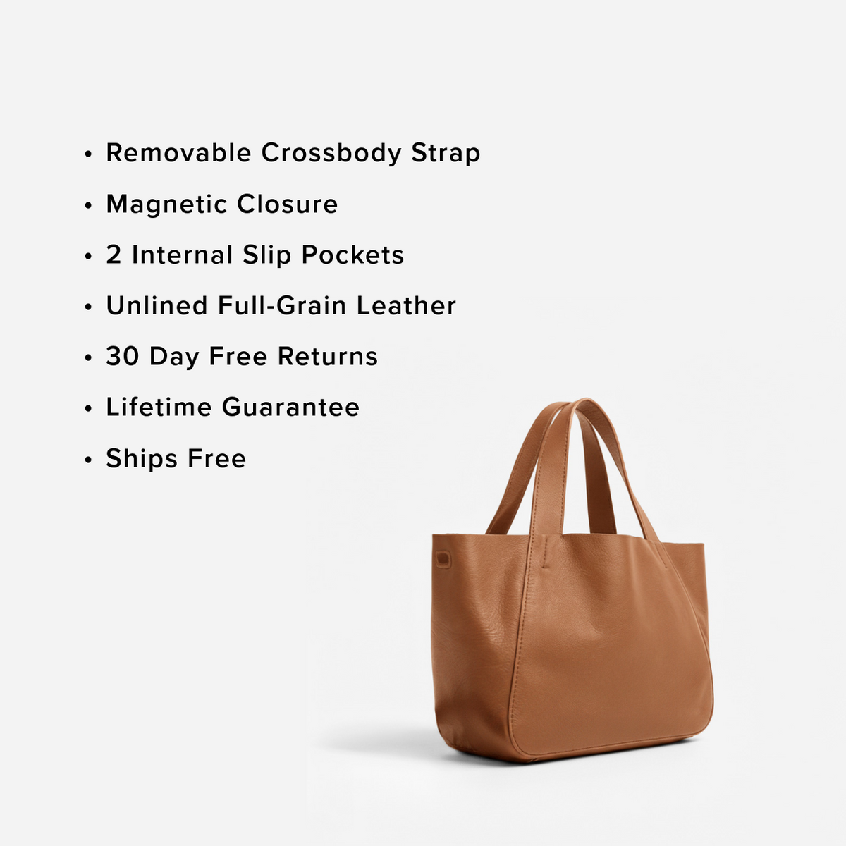 Brown leather tote bag with features listed on a white background -Saddle
