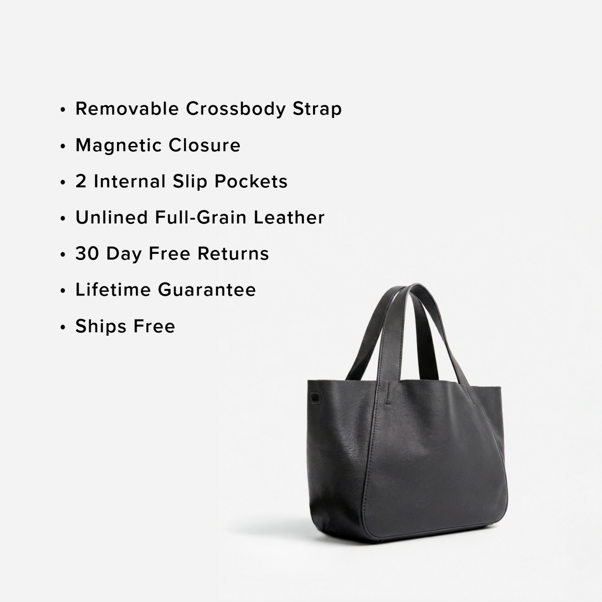 Black leather tote bag with features listed on a white background - Black