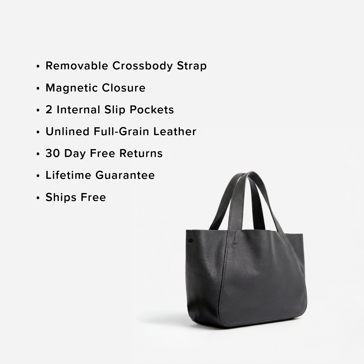 Black leather tote bag with features listed on a white background - Black