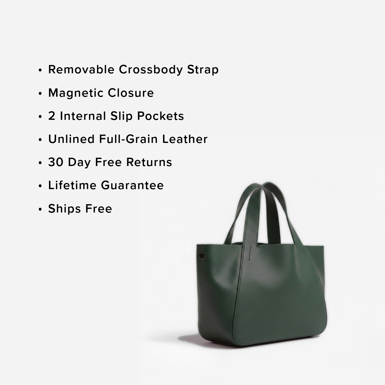 Black leather tote bag with features listed on a white background -Evergreen