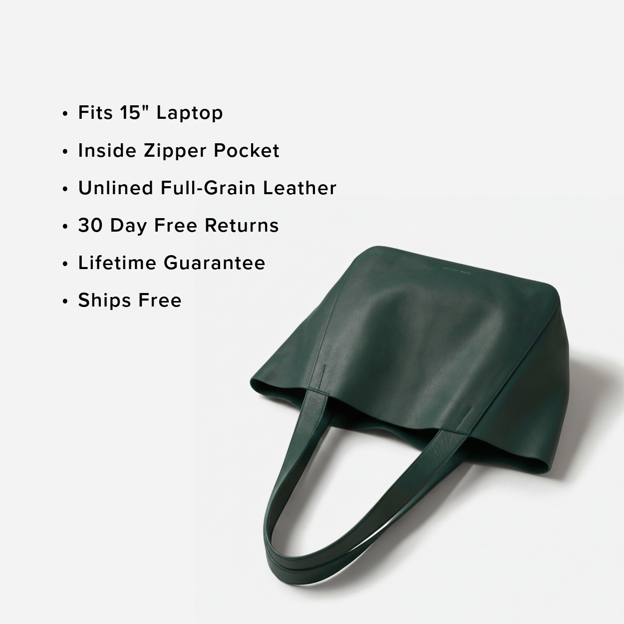 Green leather bag with features listed on a white background - Evergreen
