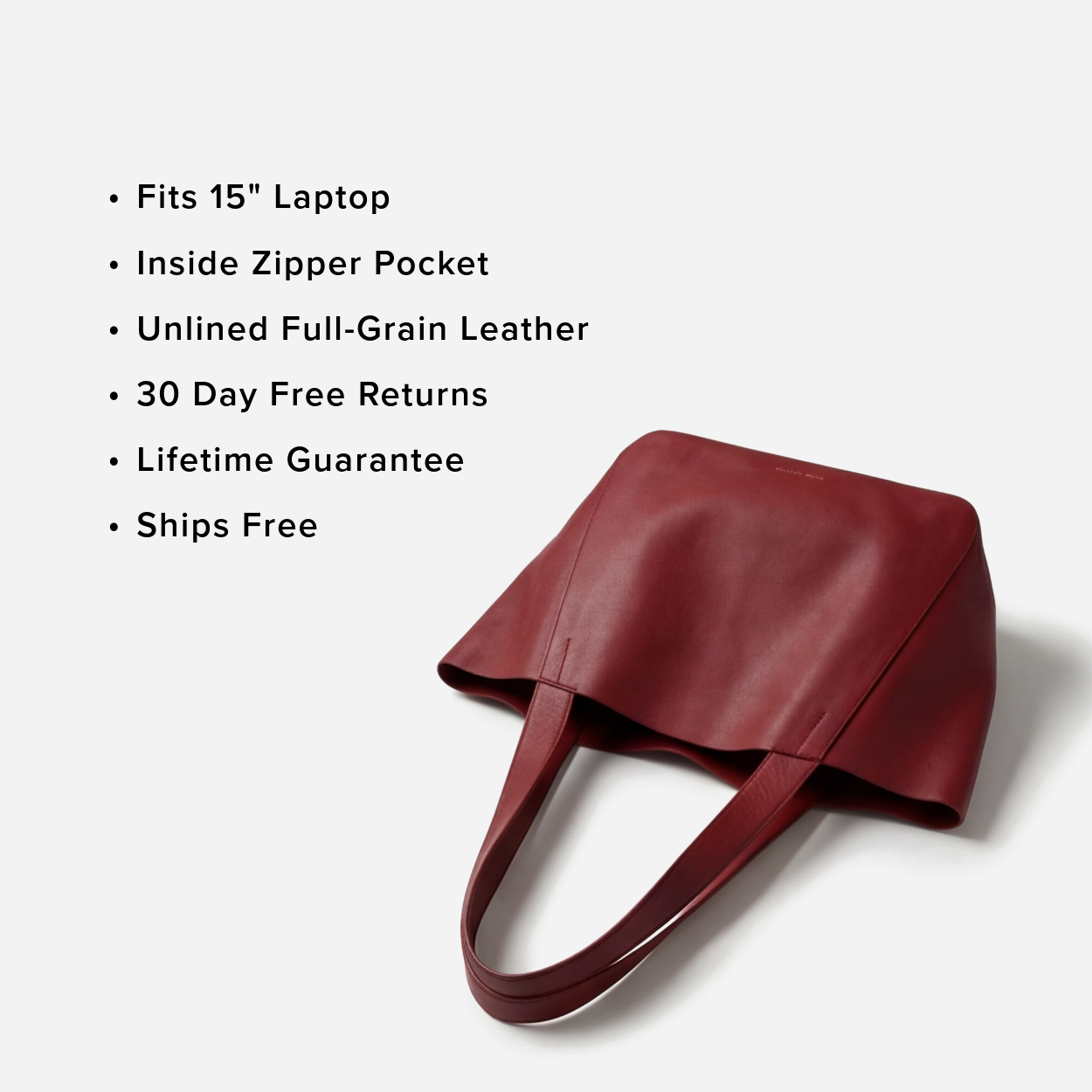 Red leather bag with features listed on a white background - Cherry Cola