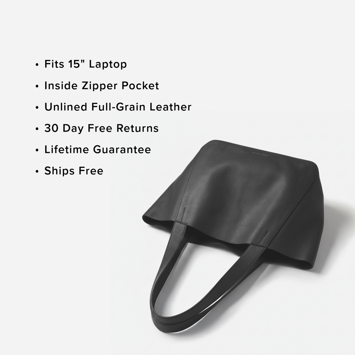 Black leather tote bag with features listed on a white background - Black