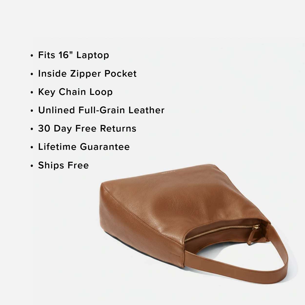Brown leather bag with features listed on a white background - Saddle