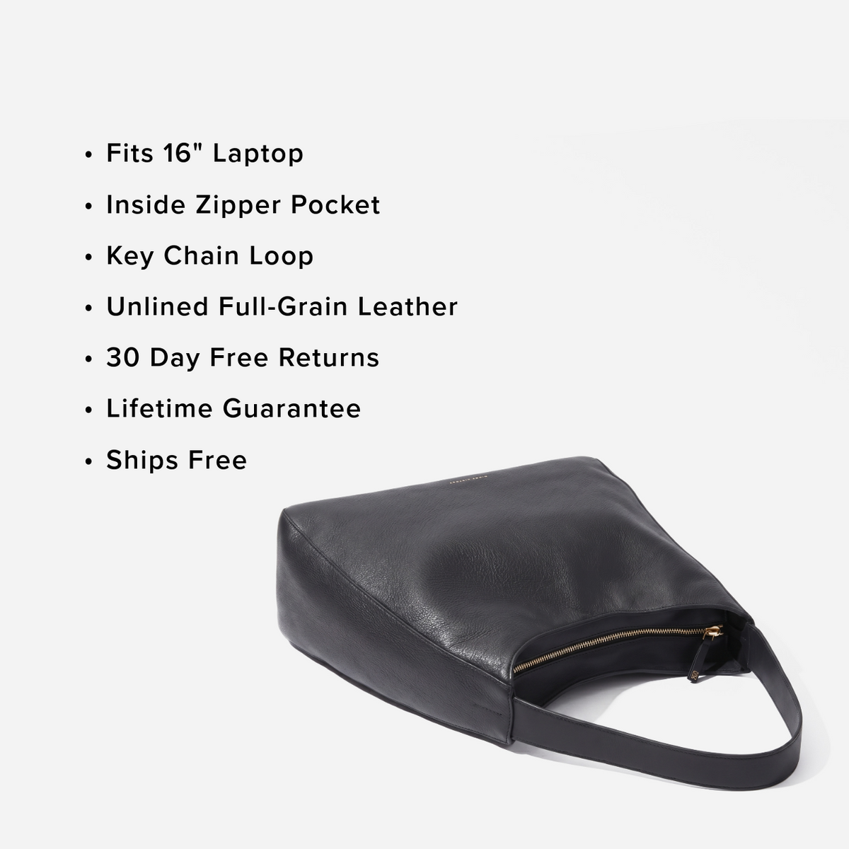 Black leather bag with features listed on a white background - Black