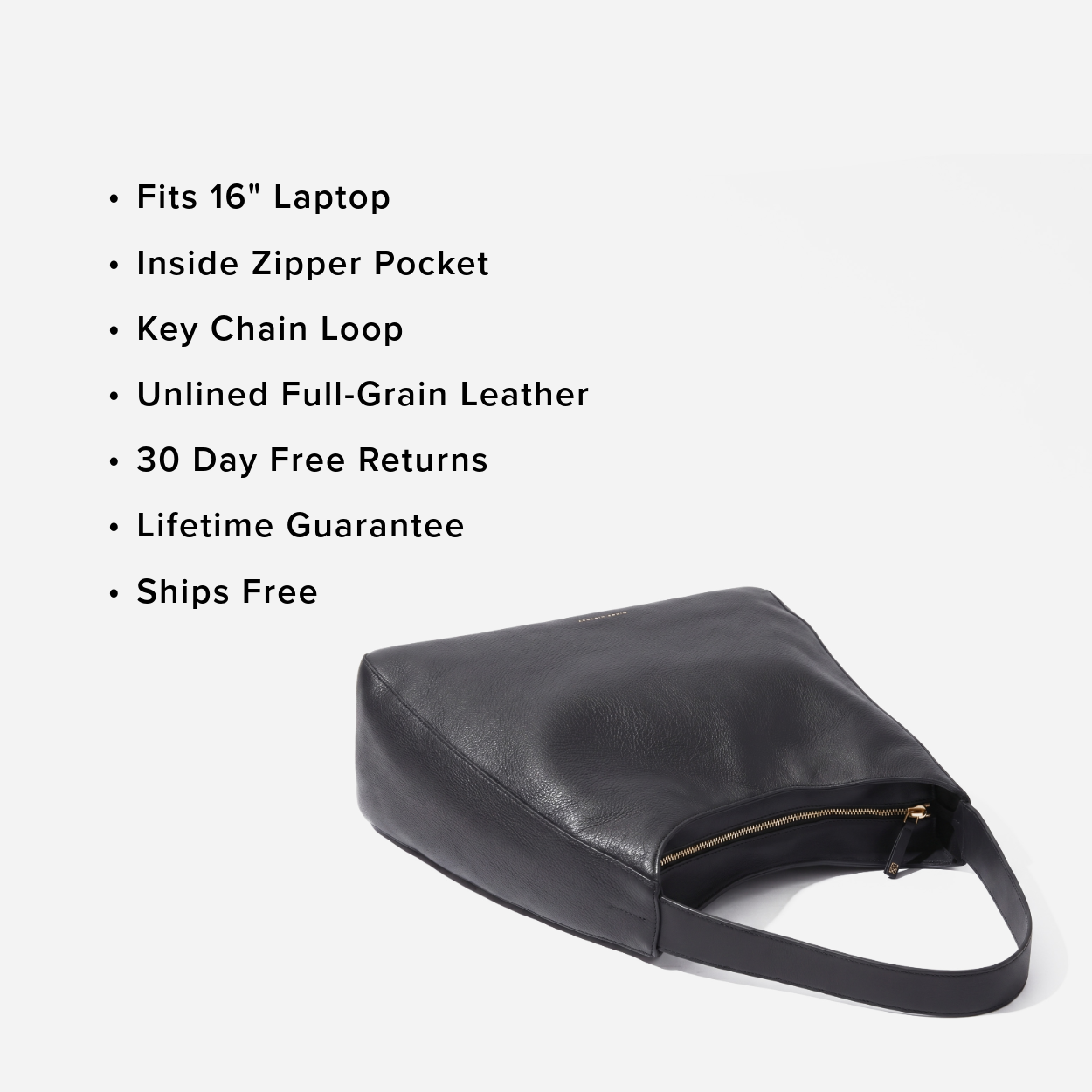Black leather bag with features listed on a white background - Black