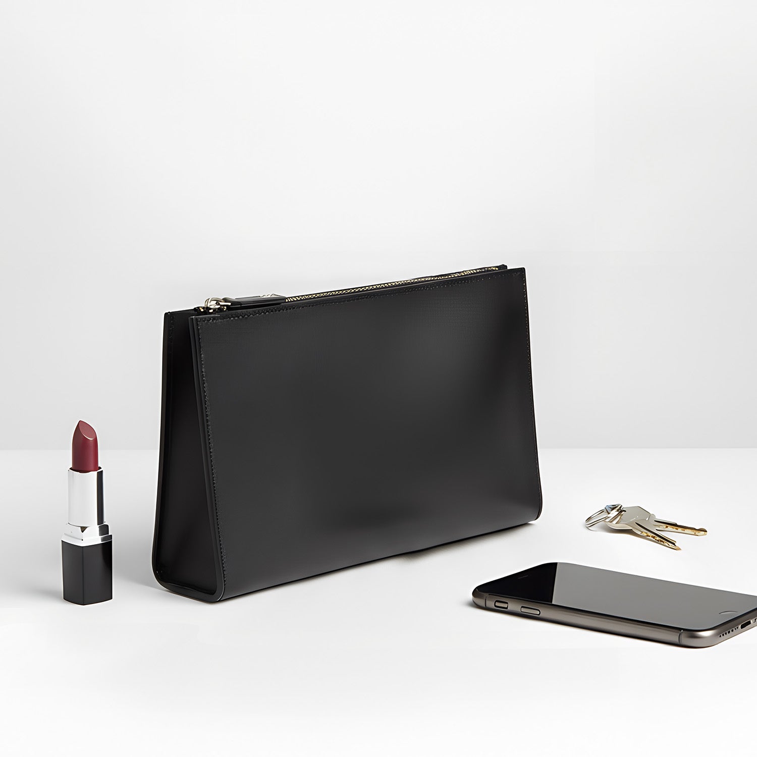 Black clutch bag with lipstick, phone, and keys on a white background