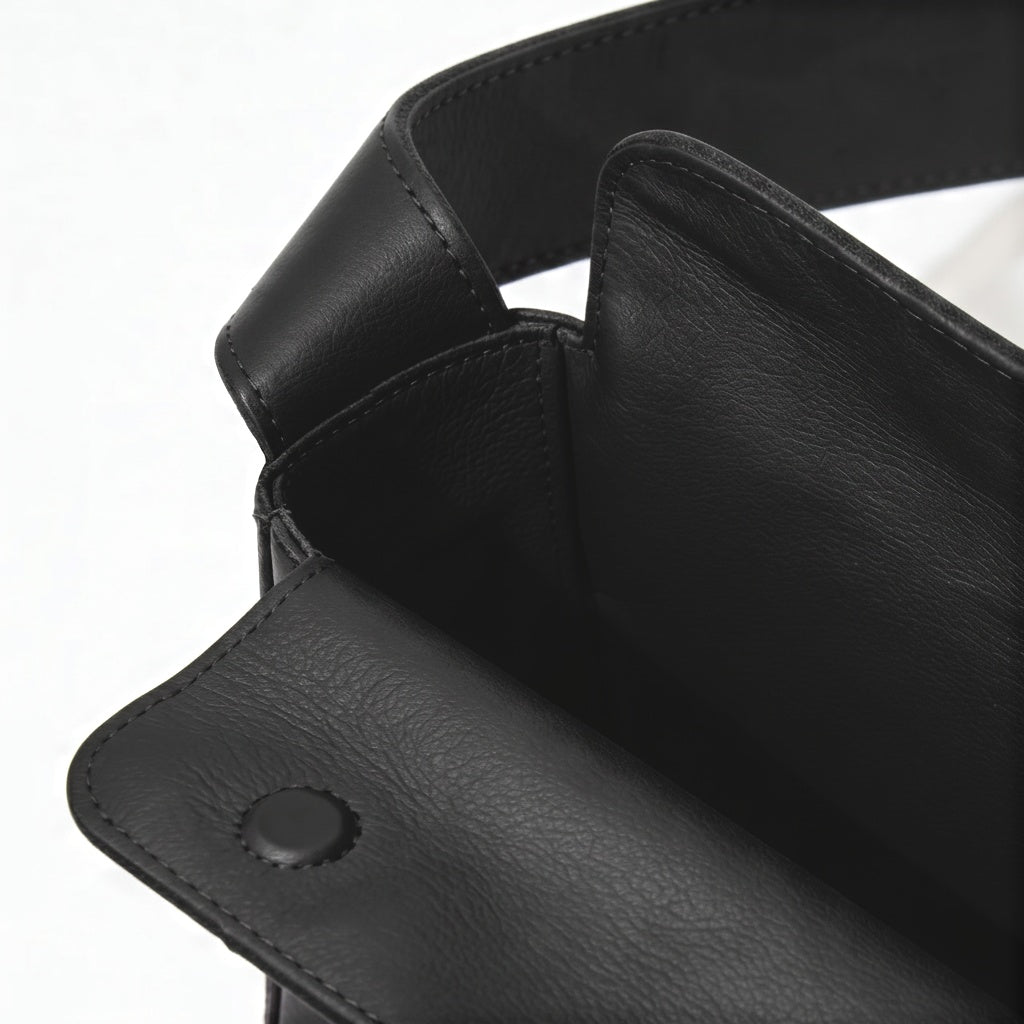 Close-up of a black leather product with a white background -Black