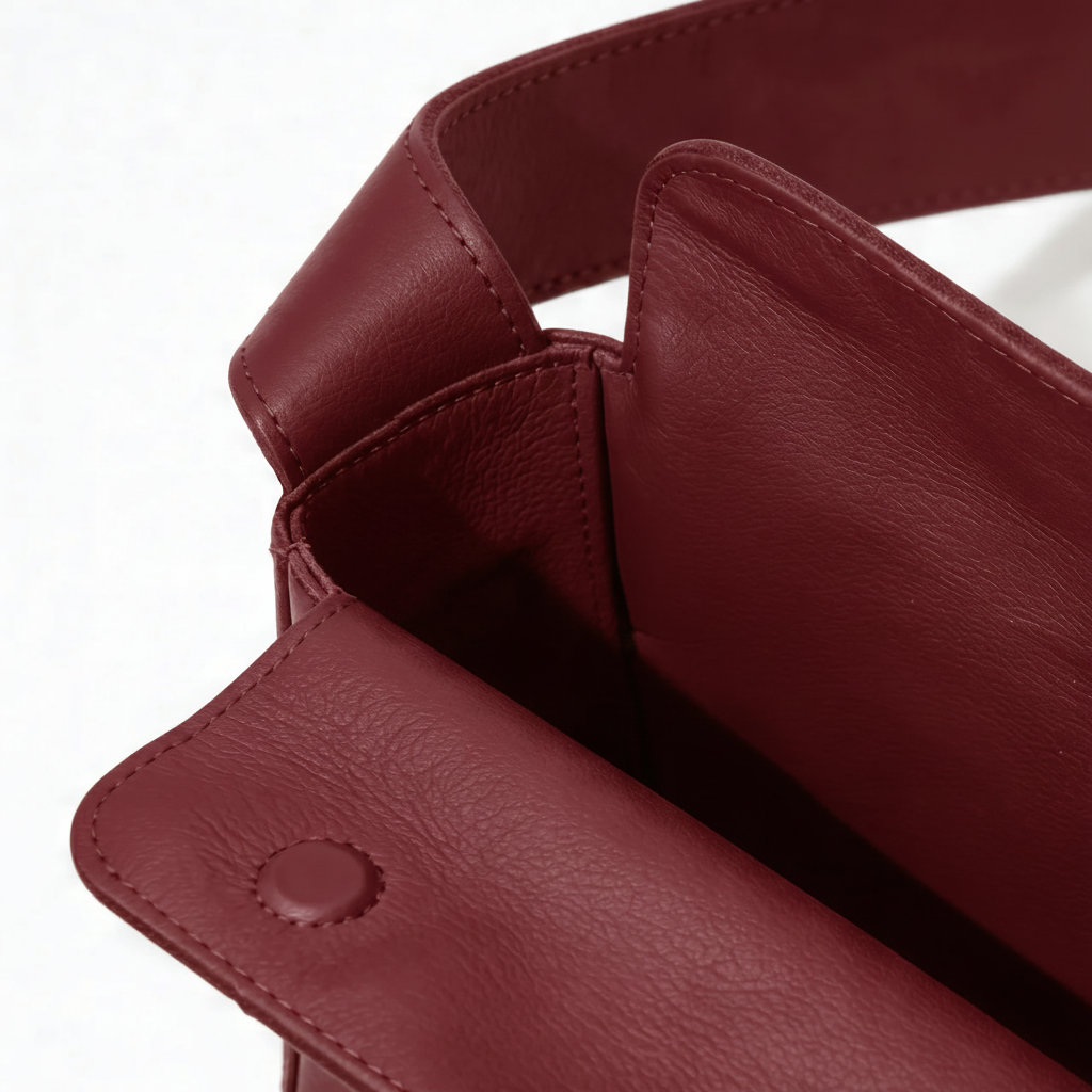 Close-up of a maroon leather bag with a button detail on a white background - Cherry Cola