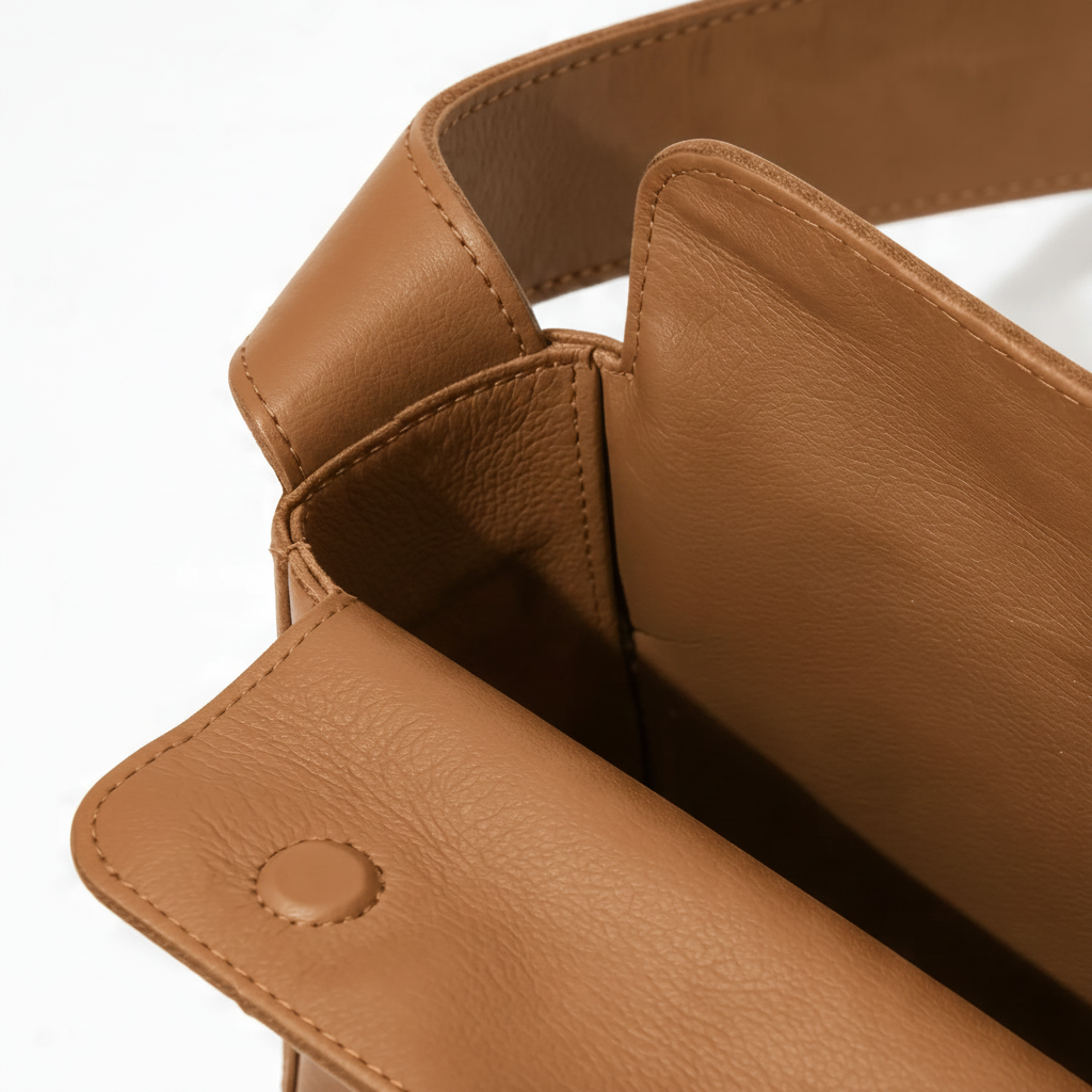 Close-up of a brown leather product with visible stitching on a white  - - Saddle