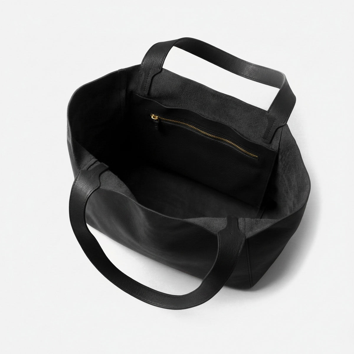 Black Times Tote, open interior showing the zip pocket - Black