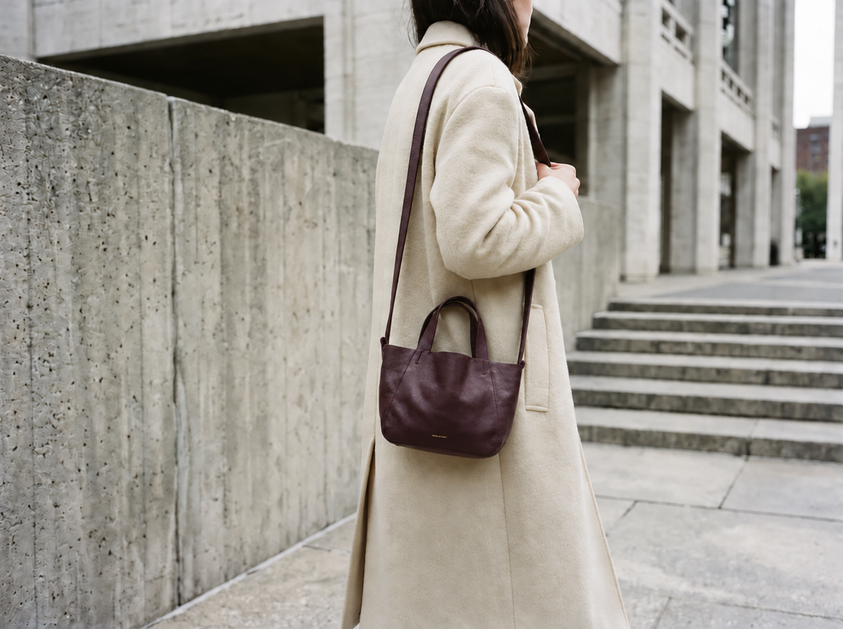 The Little Times Tote with a subtle gold Minor History logo, worn crossbody with an ivory coat - Midnight Fig